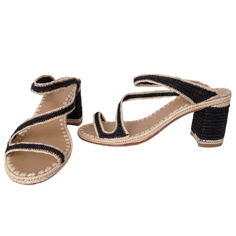 NIB NEW Carrie Forbes Salah Raffia Block Heel Mule Sandals Black/Natural Trim